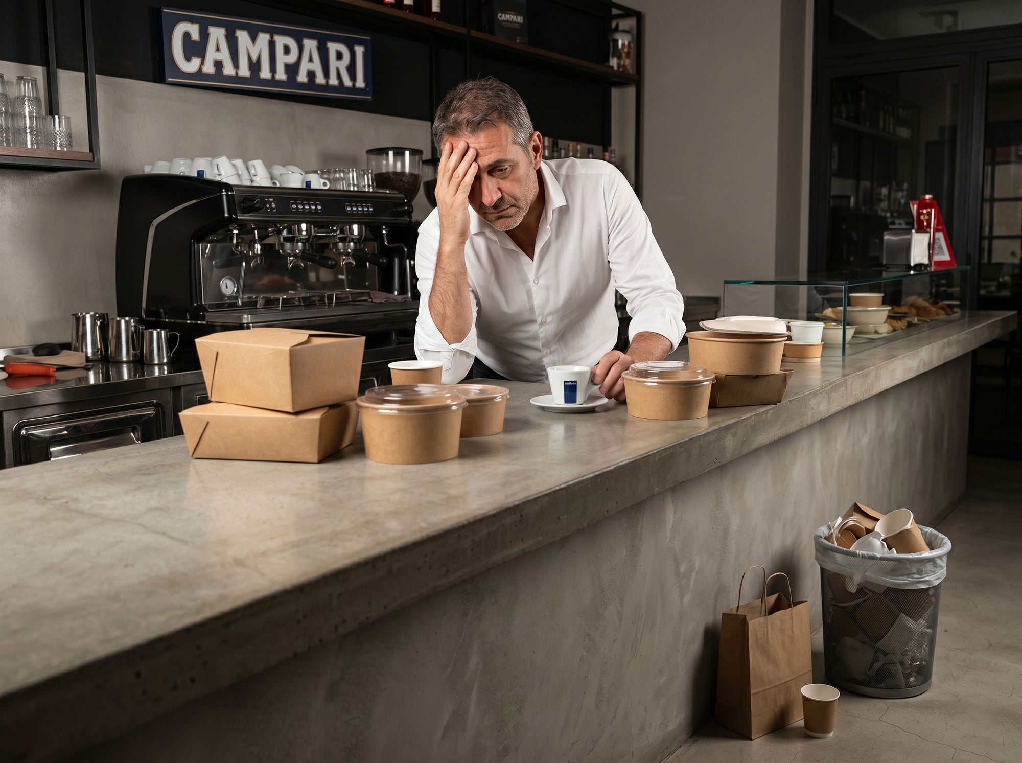 Cestino con packaging take-away a fine servizio. Scena reale.